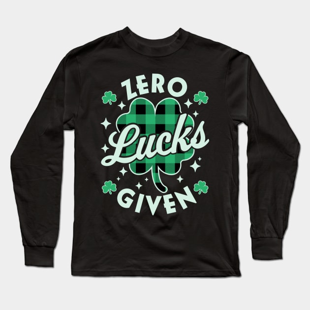 Zero Lucks Given Funny St Patricks Day Green Plaid Shamrock Long Sleeve T-Shirt by OrangeMonkeyArt